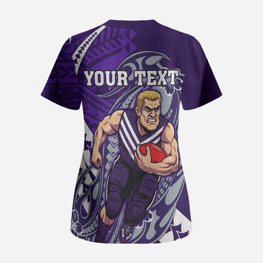 Personalized Fremantle Dockers Scrub Top Polynesian Tribal Freo Mascot With Hibiscus Floral Art