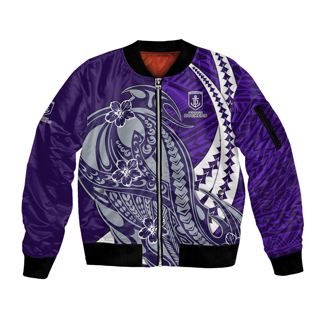 Personalized Fremantle Dockers Sleeve Zip Bomber Jacket Polynesian Tribal Freo Mascot With Hibiscus Floral Art