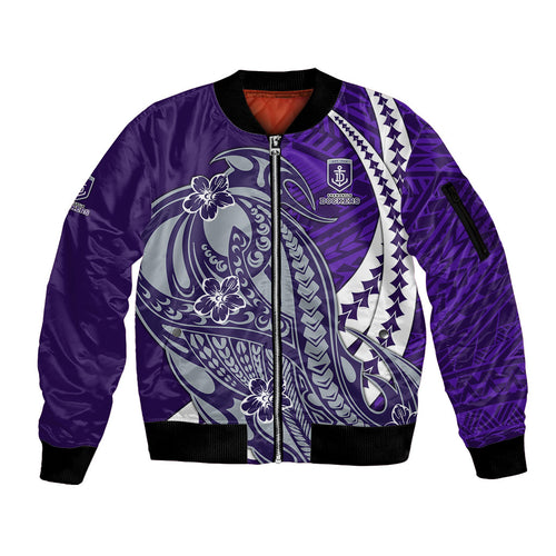 Personalized Fremantle Dockers Sleeve Zip Bomber Jacket Polynesian Tribal Freo Mascot With Hibiscus Floral Art
