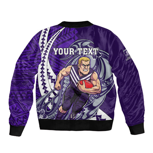 Personalized Fremantle Dockers Sleeve Zip Bomber Jacket Polynesian Tribal Freo Mascot With Hibiscus Floral Art