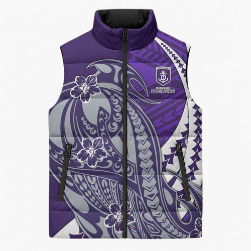 Personalized Fremantle Dockers Sleeveless Puffer Jacket Polynesian Tribal Freo Mascot With Hibiscus Floral Art