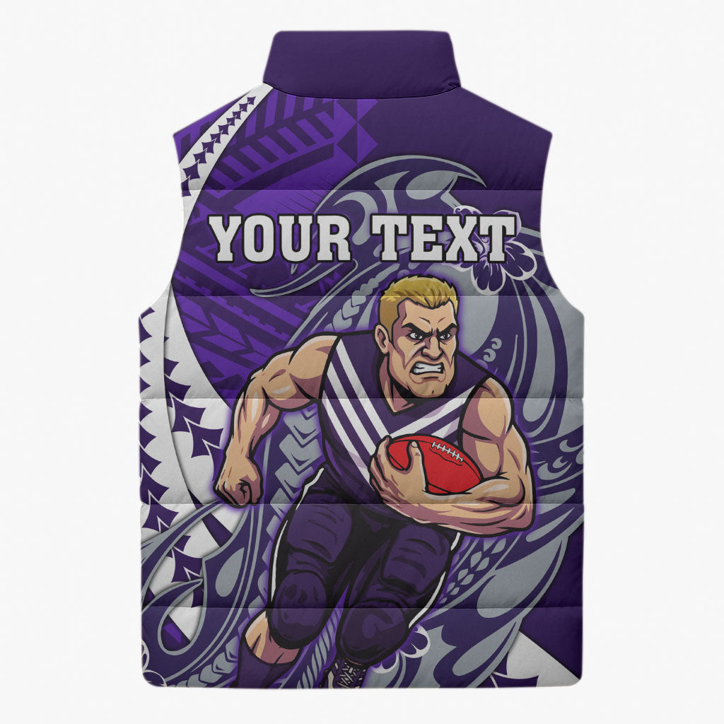 Personalized Fremantle Dockers Sleeveless Puffer Jacket Polynesian Tribal Freo Mascot With Hibiscus Floral Art