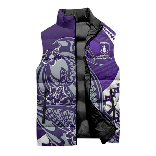 Personalized Fremantle Dockers Sleeveless Puffer Jacket Polynesian Tribal Freo Mascot With Hibiscus Floral Art