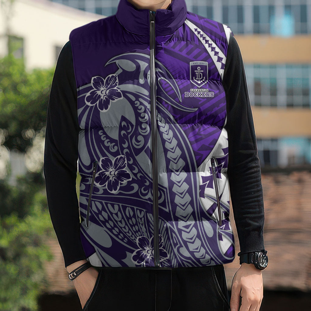 Personalized Fremantle Dockers Sleeveless Puffer Jacket Polynesian Tribal Freo Mascot With Hibiscus Floral Art