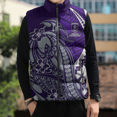 Personalized Fremantle Dockers Sleeveless Puffer Jacket Polynesian Tribal Freo Mascot With Hibiscus Floral Art
