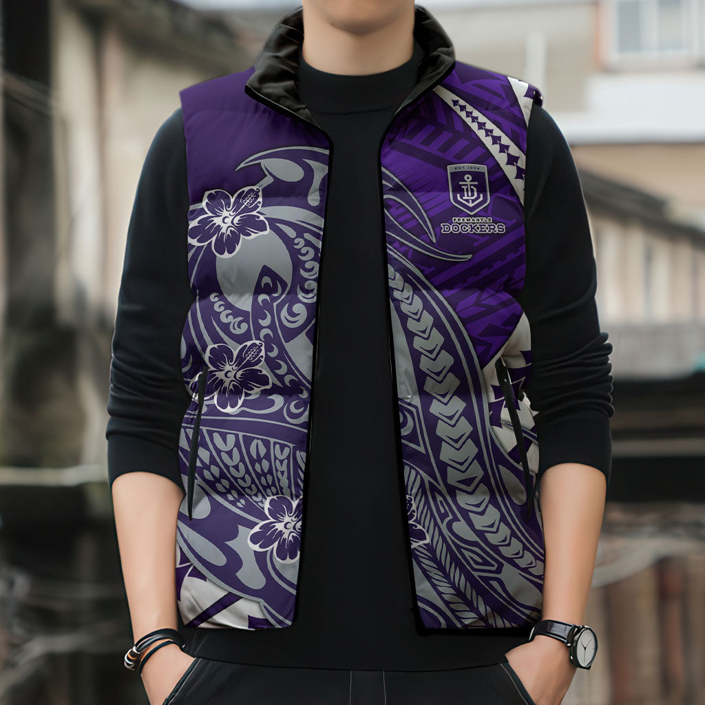 Personalized Fremantle Dockers Sleeveless Puffer Jacket Polynesian Tribal Freo Mascot With Hibiscus Floral Art