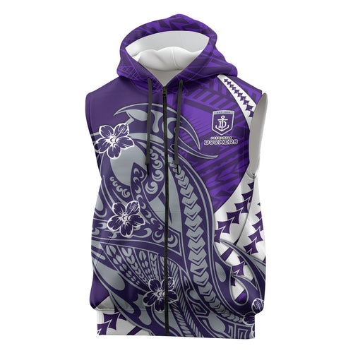 Personalized Fremantle Dockers Sleeveless Zip Hoodie Polynesian Tribal Freo Mascot With Hibiscus Floral Art