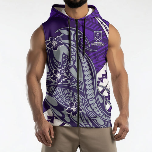 Personalized Fremantle Dockers Sleeveless Zip Hoodie Polynesian Tribal Freo Mascot With Hibiscus Floral Art