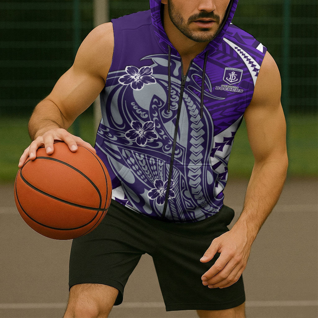Personalized Fremantle Dockers Sleeveless Zip Hoodie Polynesian Tribal Freo Mascot With Hibiscus Floral Art