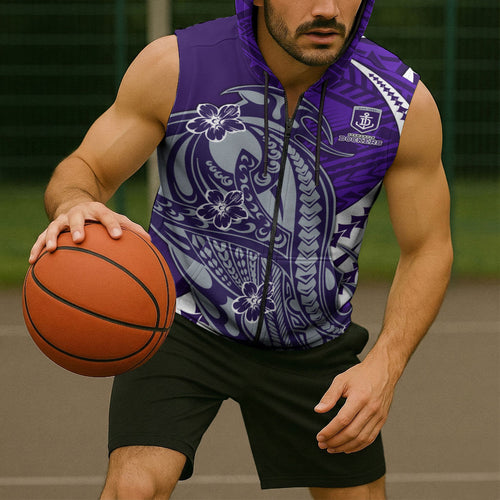 Personalized Fremantle Dockers Sleeveless Zip Hoodie Polynesian Tribal Freo Mascot With Hibiscus Floral Art