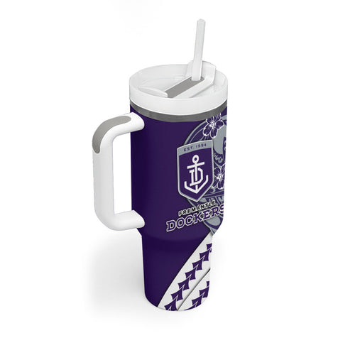 Personalized Fremantle Dockers Tumbler With Handle Polynesian Tribal Freo Mascot With Hibiscus Floral Art