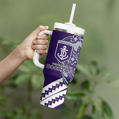Personalized Fremantle Dockers Tumbler With Handle Polynesian Tribal Freo Mascot With Hibiscus Floral Art