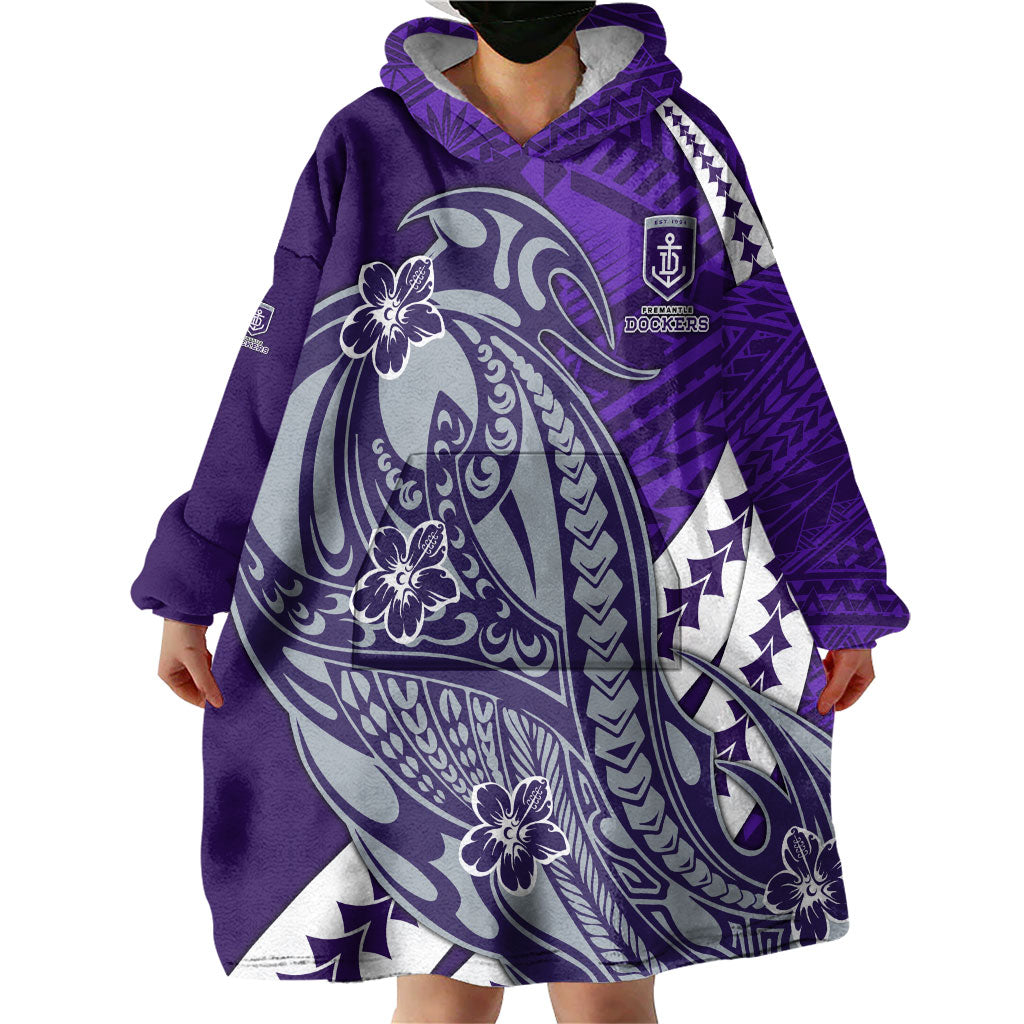 Personalized Fremantle Dockers Wearable Blanket Hoodie Polynesian Tribal Freo Mascot With Hibiscus Floral Art