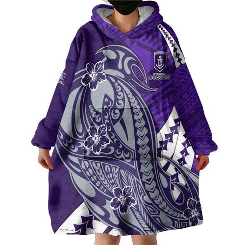 Personalized Fremantle Dockers Wearable Blanket Hoodie Polynesian Tribal Freo Mascot With Hibiscus Floral Art