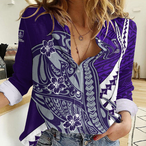 Personalized Fremantle Dockers Women Casual Shirt Polynesian Tribal Freo Mascot With Hibiscus Floral Art