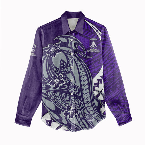 Personalized Fremantle Dockers Women Casual Shirt Polynesian Tribal Freo Mascot With Hibiscus Floral Art