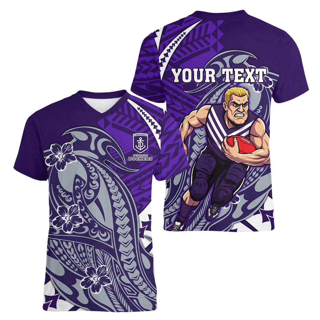 Personalized Fremantle Dockers Women V-Neck T-Shirt Polynesian Tribal Freo Mascot With Hibiscus Floral Art