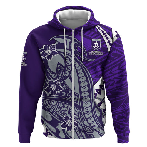 Personalized Fremantle Dockers Zip Hoodie Polynesian Tribal Freo Mascot With Hibiscus Floral Art