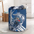 Personalized Geelong Cats Laundry Basket Polynesian Tribal Cat Mascot With Hibiscus Floral Art