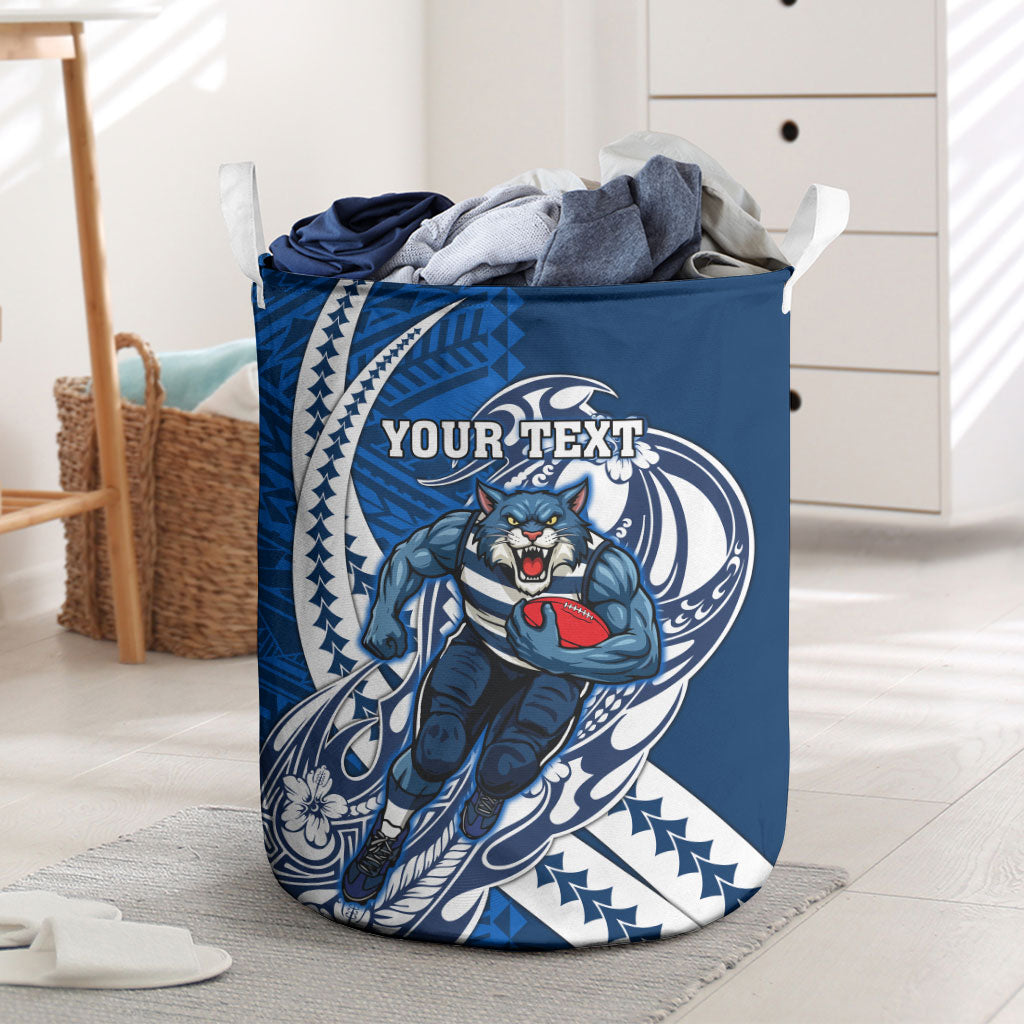 Personalized Geelong Cats Laundry Basket Polynesian Tribal Cat Mascot With Hibiscus Floral Art