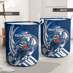 Personalized Geelong Cats Laundry Basket Polynesian Tribal Cat Mascot With Hibiscus Floral Art