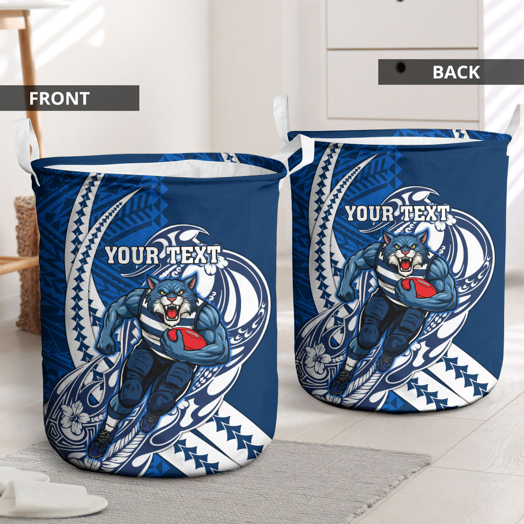 Personalized Geelong Cats Laundry Basket Polynesian Tribal Cat Mascot With Hibiscus Floral Art