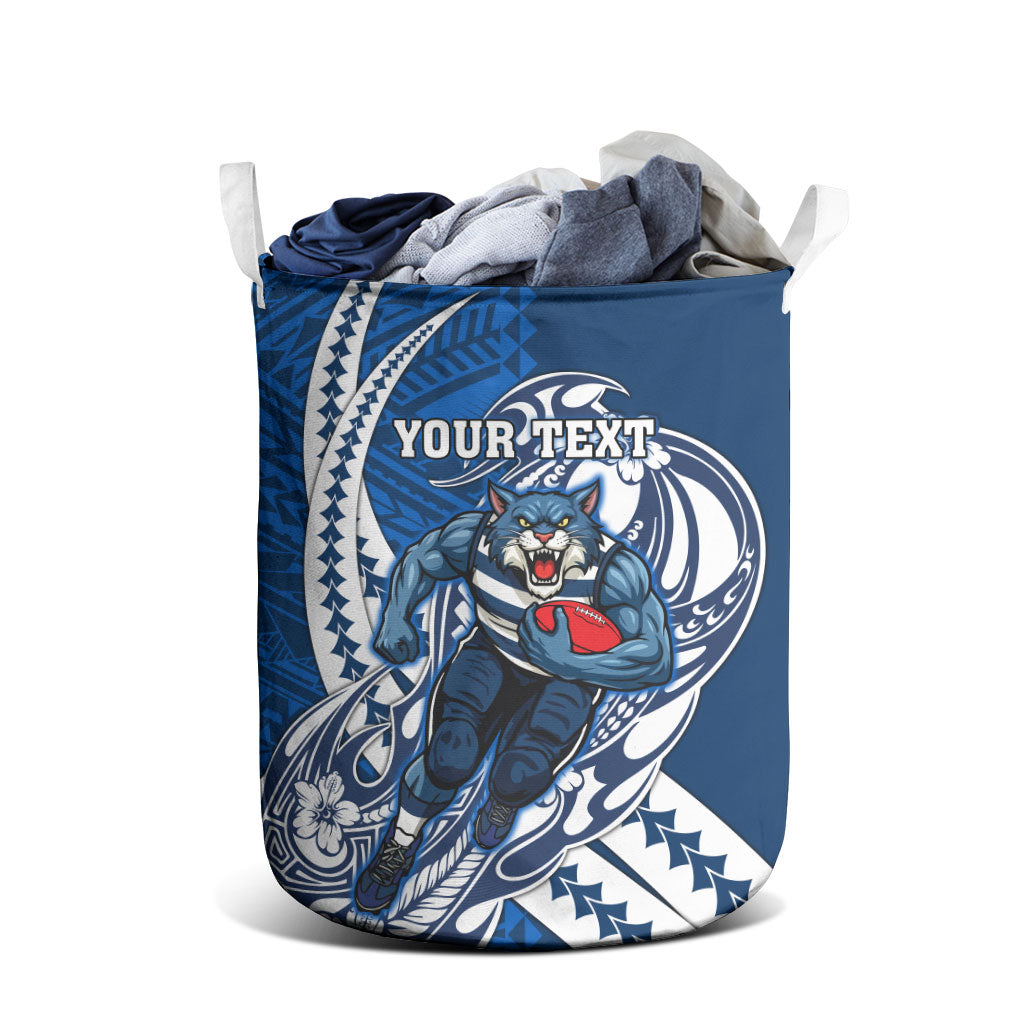Personalized Geelong Cats Laundry Basket Polynesian Tribal Cat Mascot With Hibiscus Floral Art