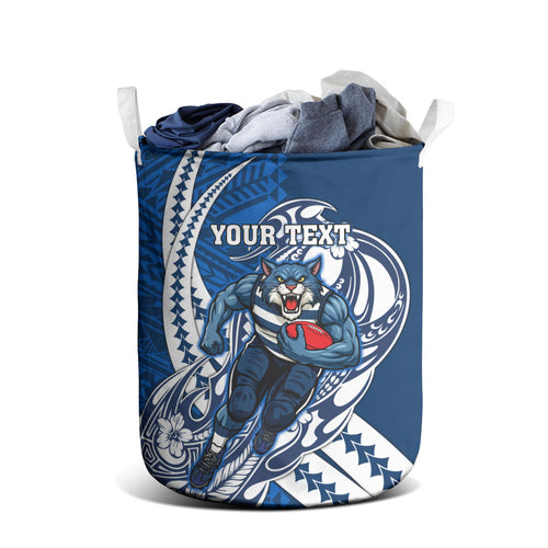 Personalized Geelong Cats Laundry Basket Polynesian Tribal Cat Mascot With Hibiscus Floral Art