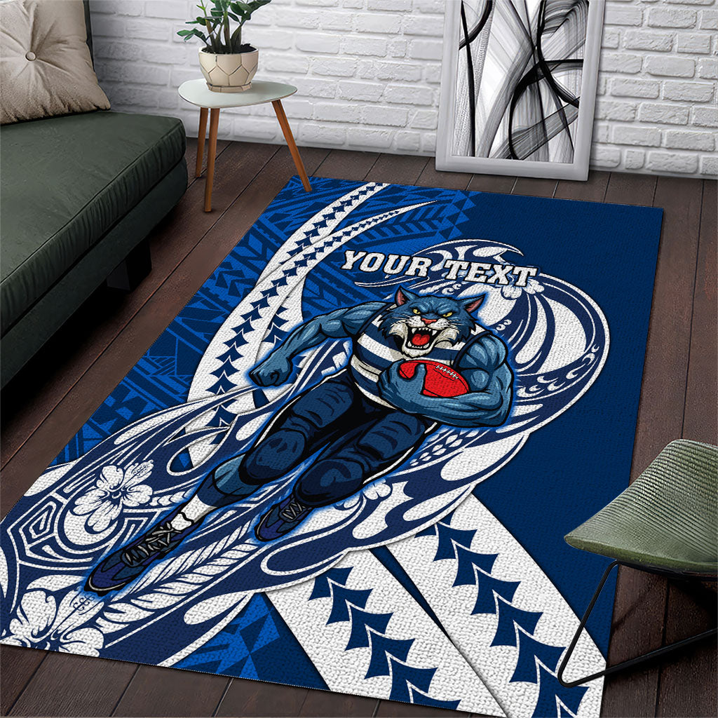 Personalized Geelong Cats Area Rug Polynesian Tribal Cat Mascot With Hibiscus Floral Art