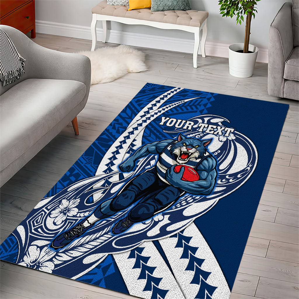 Personalized Geelong Cats Area Rug Polynesian Tribal Cat Mascot With Hibiscus Floral Art
