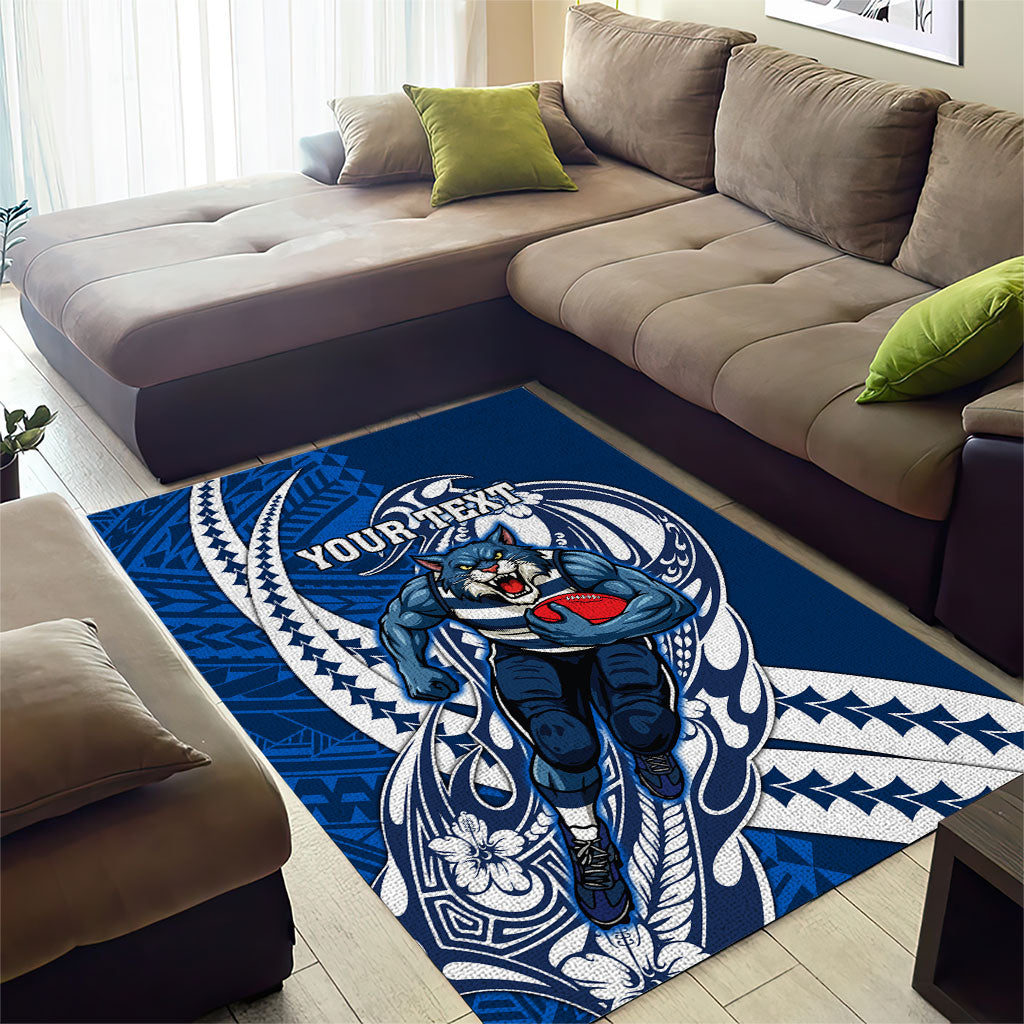 Personalized Geelong Cats Area Rug Polynesian Tribal Cat Mascot With Hibiscus Floral Art