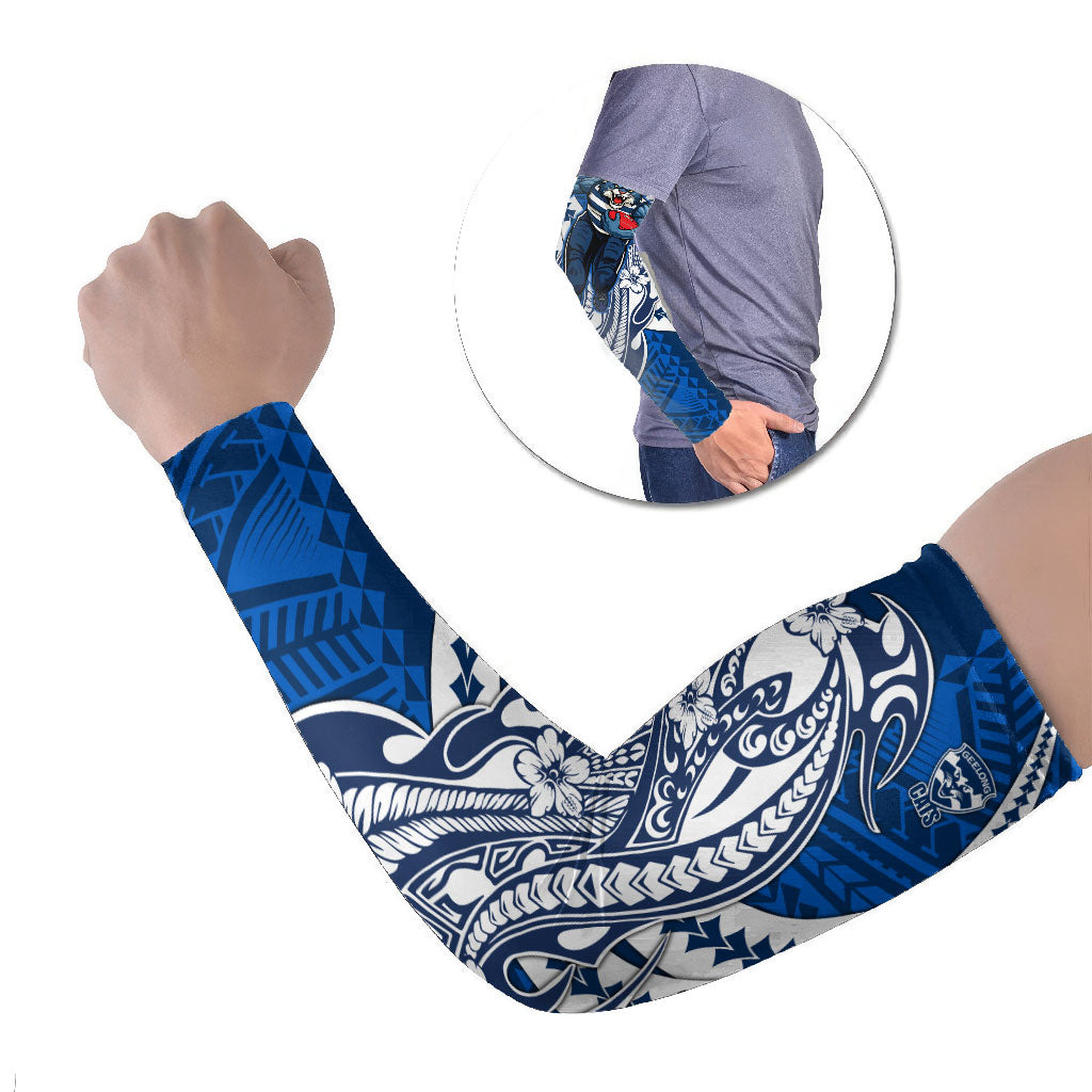 Personalized Geelong Cats Arm Sleeves Polynesian Tribal Cat Mascot With Hibiscus Floral Art
