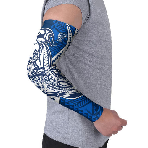 Personalized Geelong Cats Arm Sleeves Polynesian Tribal Cat Mascot With Hibiscus Floral Art