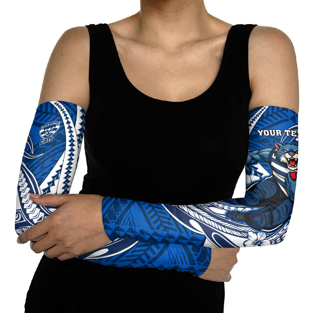 Personalized Geelong Cats Arm Sleeves Polynesian Tribal Cat Mascot With Hibiscus Floral Art