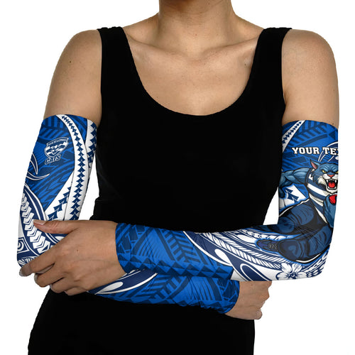 Personalized Geelong Cats Arm Sleeves Polynesian Tribal Cat Mascot With Hibiscus Floral Art