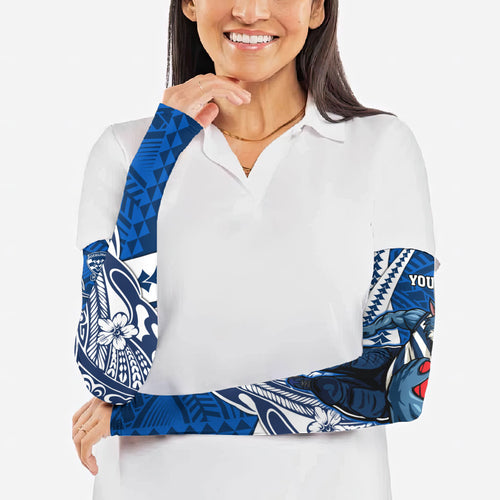 Personalized Geelong Cats Arm Sleeves Polynesian Tribal Cat Mascot With Hibiscus Floral Art
