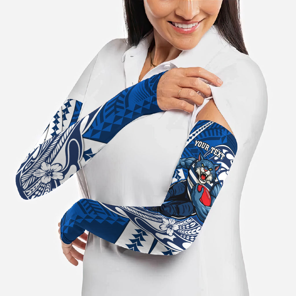 Personalized Geelong Cats Arm Sleeves Polynesian Tribal Cat Mascot With Hibiscus Floral Art