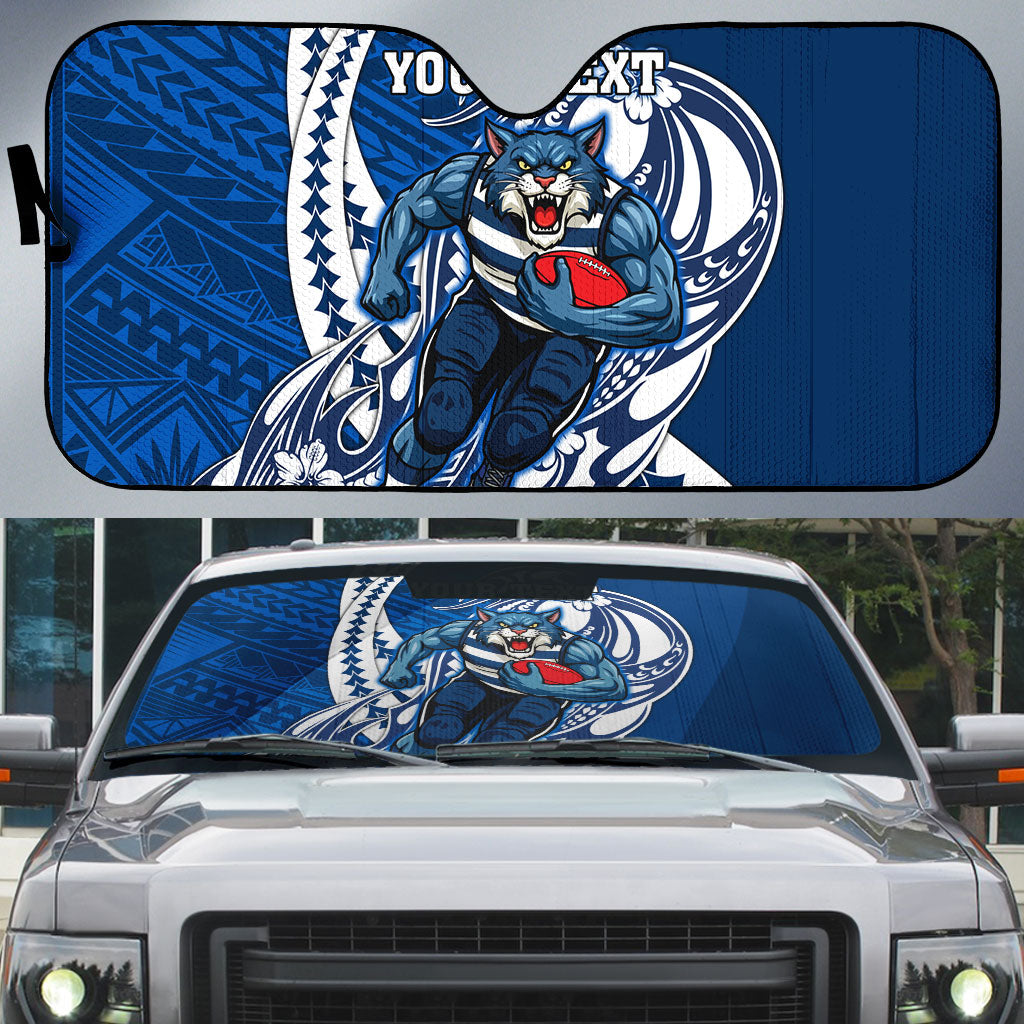 Personalized Geelong Cats Auto Sun Shade Polynesian Tribal Cat Mascot With Hibiscus Floral Art