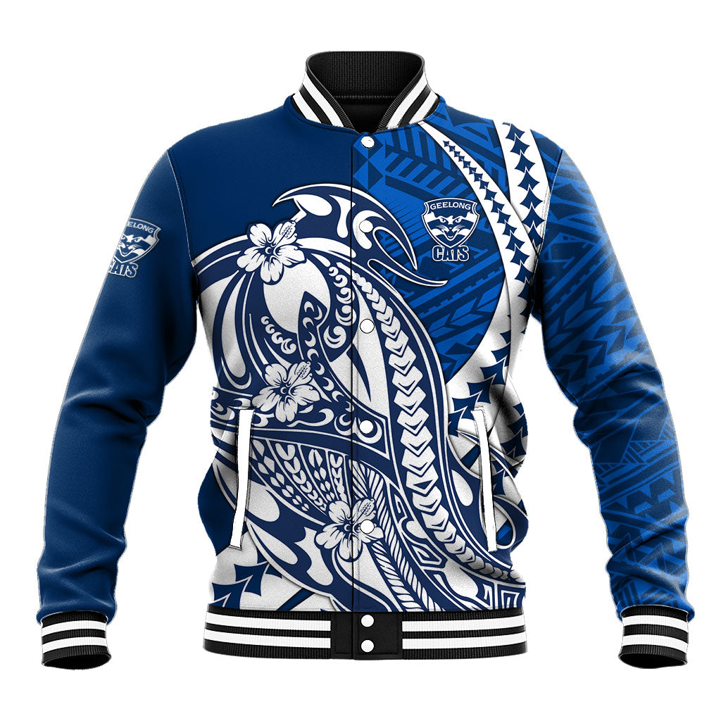 Personalized Geelong Cats Baseball Jacket Polynesian Tribal Cat Mascot With Hibiscus Floral Art