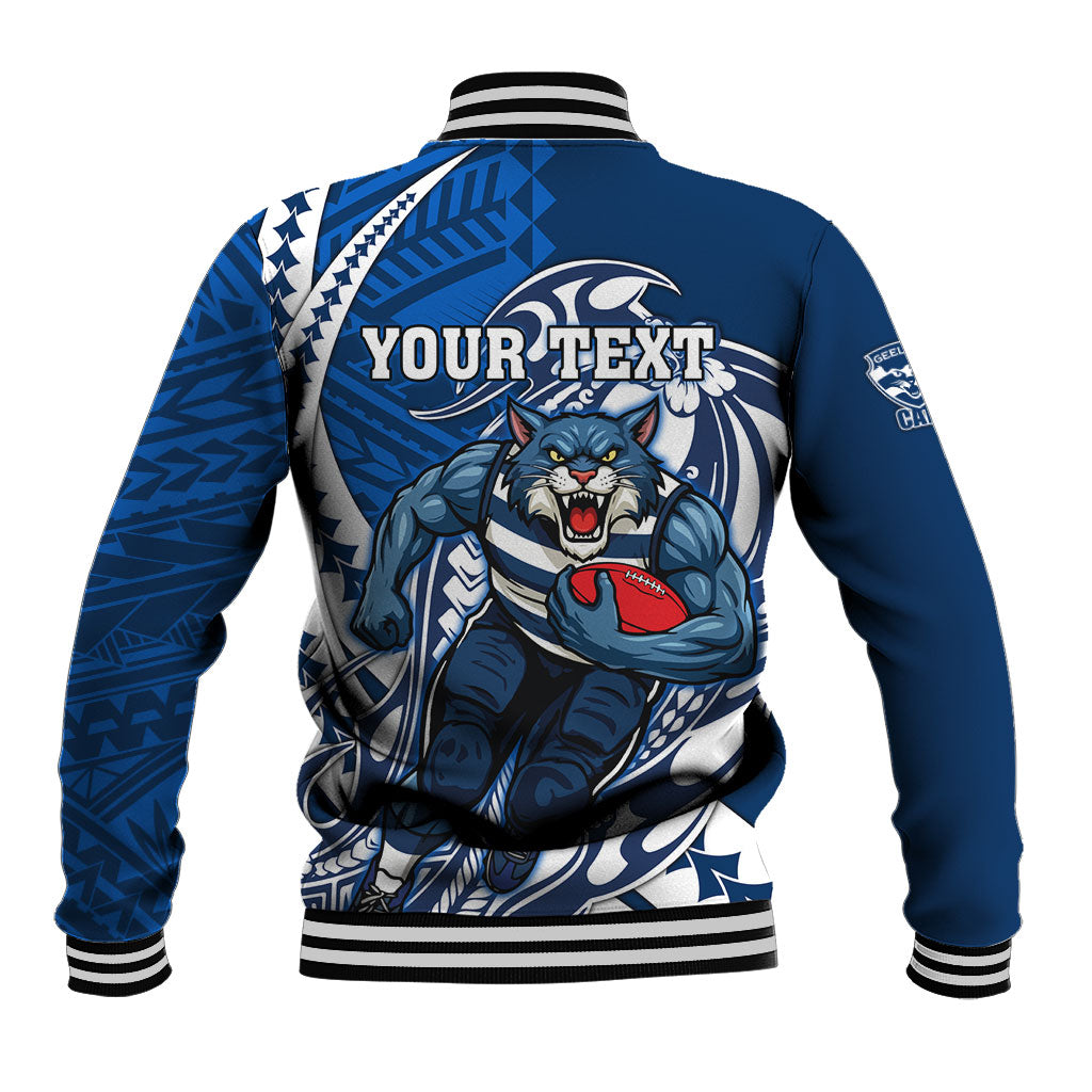 Personalized Geelong Cats Baseball Jacket Polynesian Tribal Cat Mascot With Hibiscus Floral Art