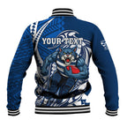Personalized Geelong Cats Baseball Jacket Polynesian Tribal Cat Mascot With Hibiscus Floral Art
