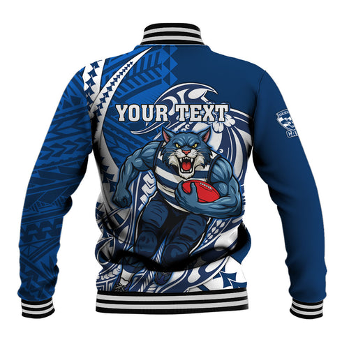 Personalized Geelong Cats Baseball Jacket Polynesian Tribal Cat Mascot With Hibiscus Floral Art