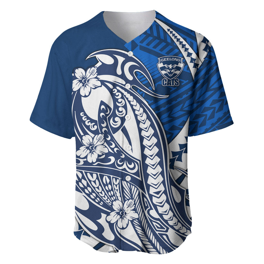 Personalized Geelong Cats Baseball Jersey Polynesian Tribal Cat Mascot With Hibiscus Floral Art