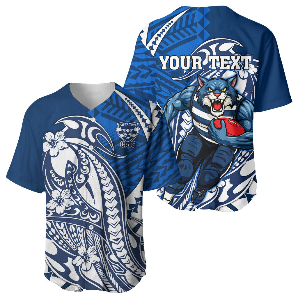 Personalized Geelong Cats Baseball Jersey Polynesian Tribal Cat Mascot With Hibiscus Floral Art