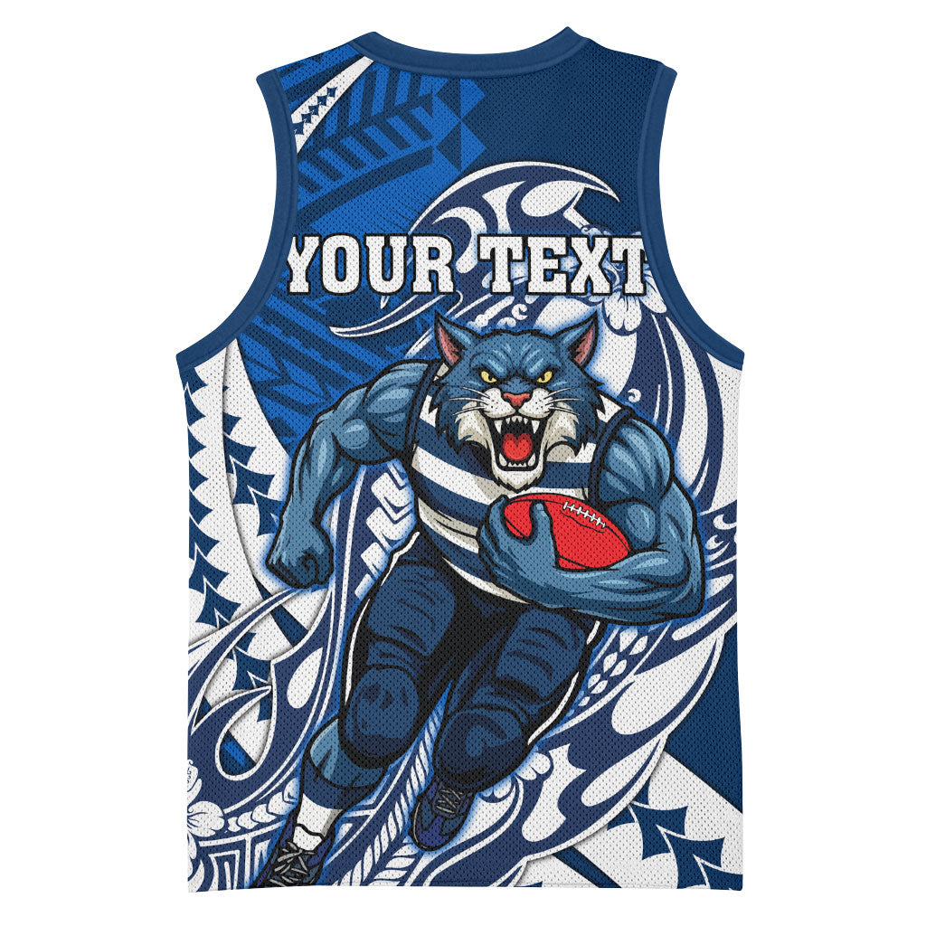 Personalized Geelong Cats Basketball Jersey Polynesian Tribal Cat Mascot With Hibiscus Floral Art
