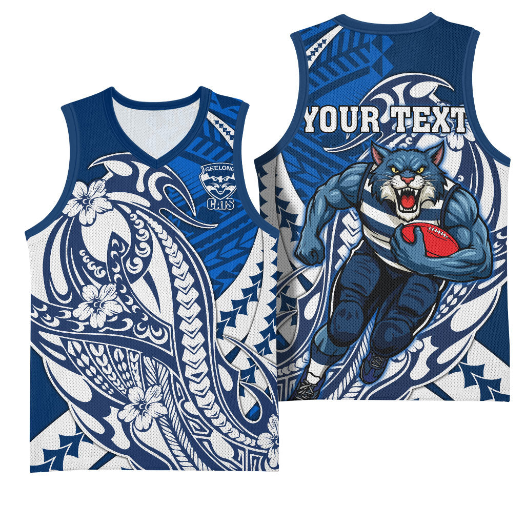 Personalized Geelong Cats Basketball Jersey Polynesian Tribal Cat Mascot With Hibiscus Floral Art