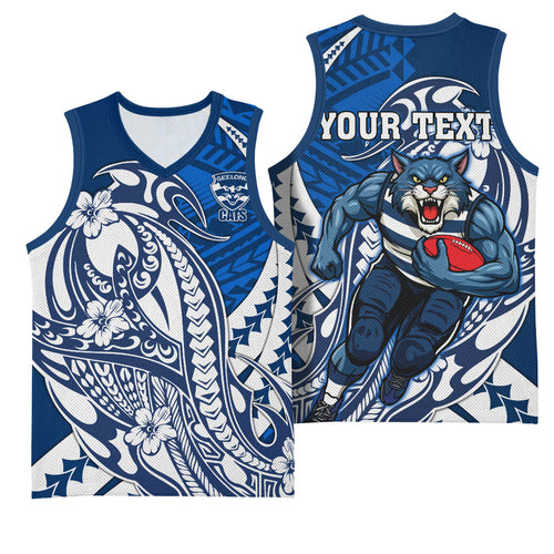Personalized Geelong Cats Basketball Jersey Polynesian Tribal Cat Mascot With Hibiscus Floral Art
