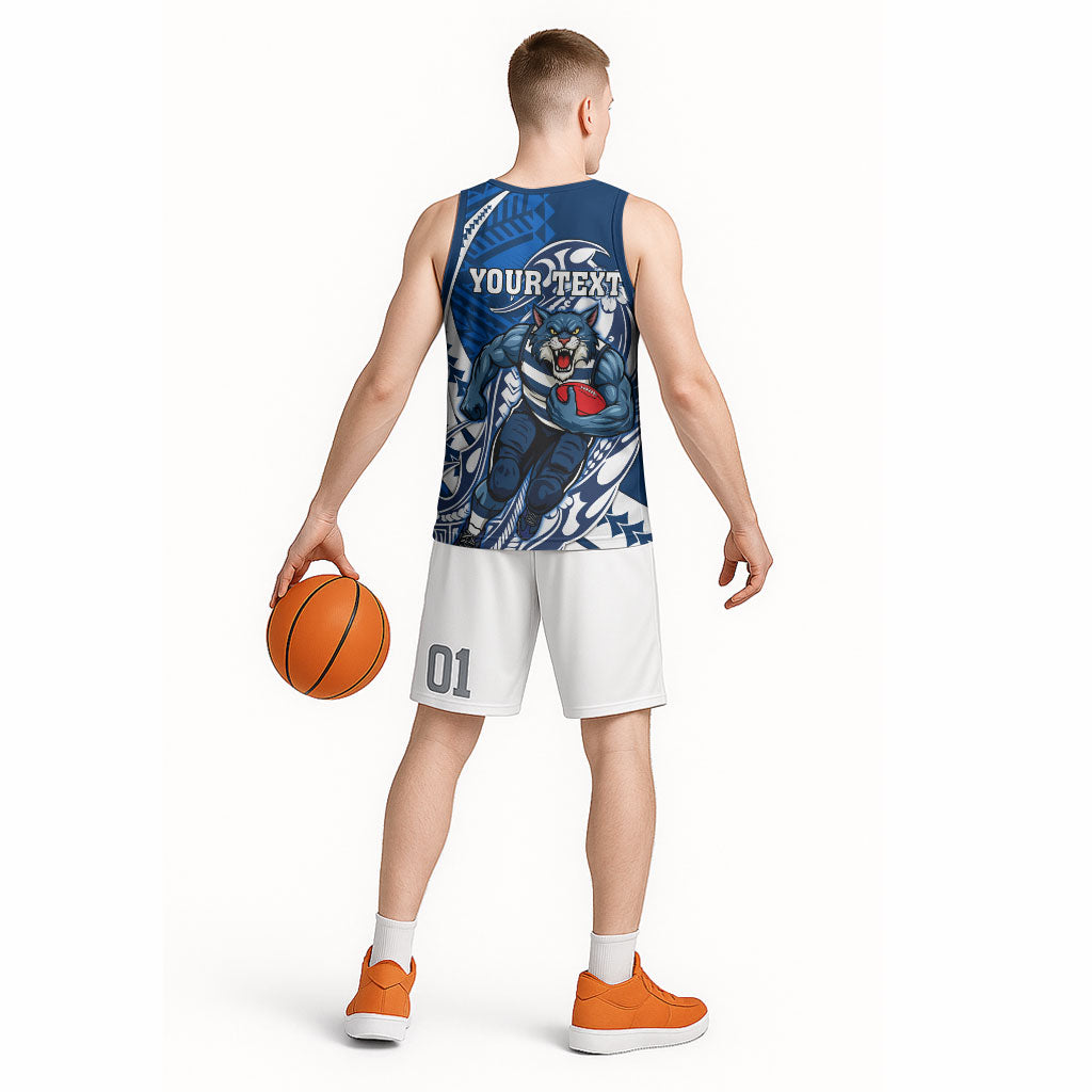 Personalized Geelong Cats Basketball Jersey Polynesian Tribal Cat Mascot With Hibiscus Floral Art