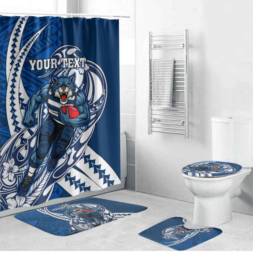 Personalized Geelong Cats Bathroom Set Polynesian Tribal Cat Mascot With Hibiscus Floral Art