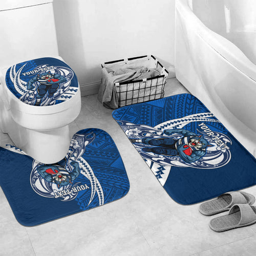 Personalized Geelong Cats Bathroom Set Polynesian Tribal Cat Mascot With Hibiscus Floral Art